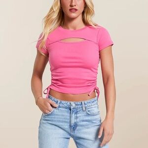 Hot Pink Short Sleeve Crop Tee with Cutout and Ruched Sides​